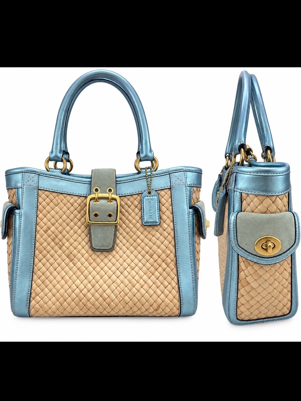 Y2K Coach Hamptons Woven Leather Satchel in Tan with Metallic Blue Trim